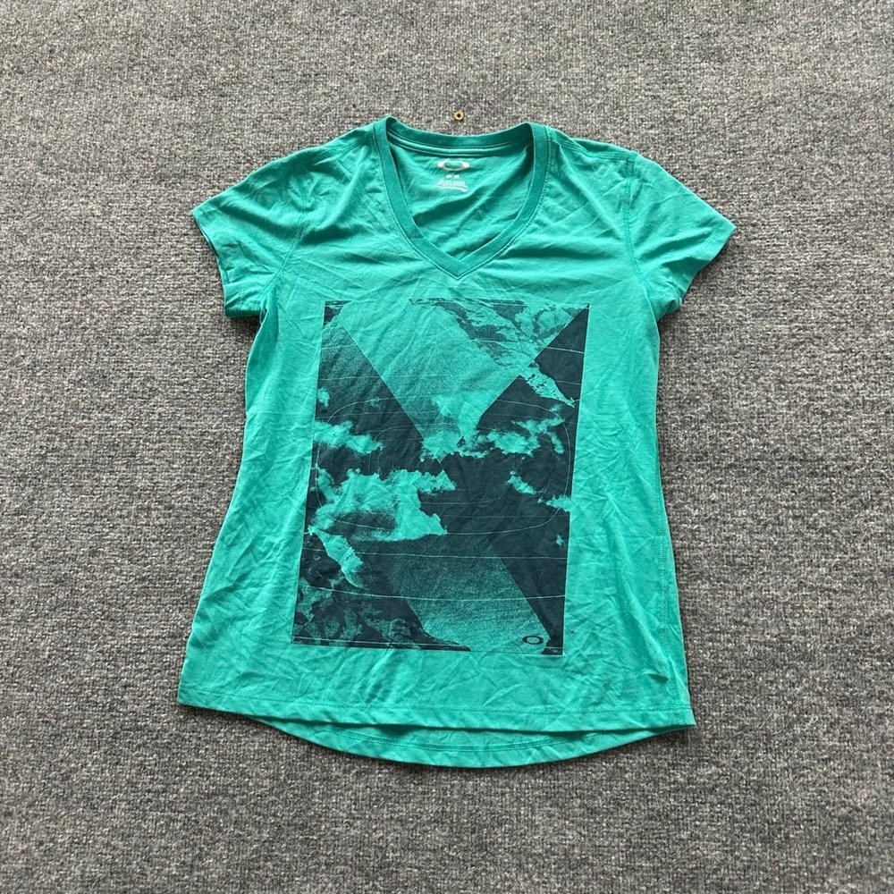 Oakley T-Shirt Womens Size M Teal Green O Hydrolix V-Neck Graphic Activewear Top